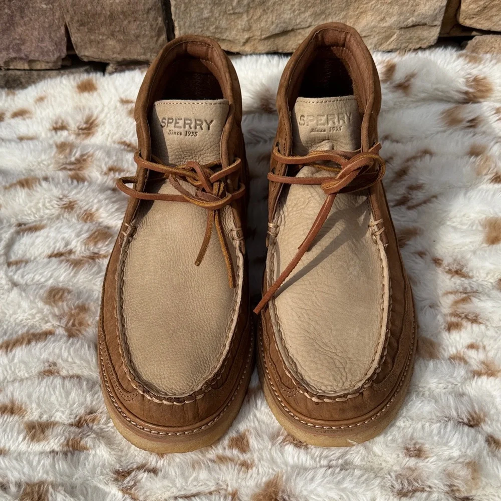 Sperry Brown and Tan Leather Moc Toe Chukka Boots